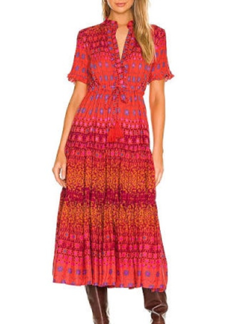 Free People Rare Feelings Ruby Red Boho Floral Tassel Maxi Dress XS